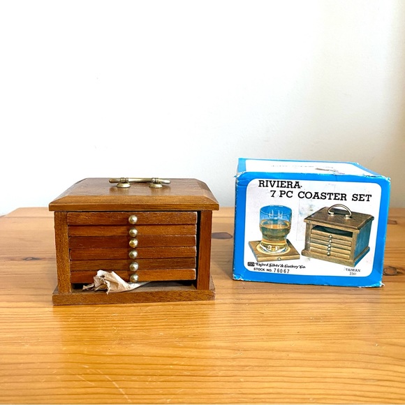 Vintage Other - Vintage 70s Coaster Set Wood Pull Out Chest Deadstock New in Box